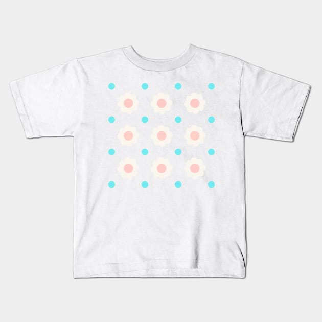 White and pink flowers with blue dots on turquoise background Kids T-Shirt by marufemia